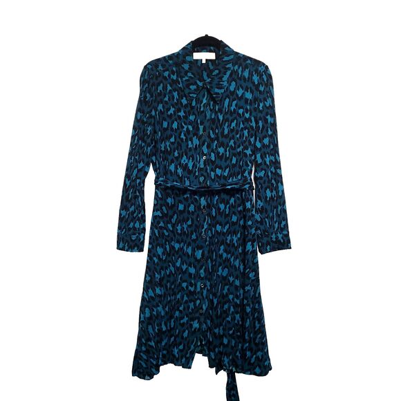Diane Von Furstenberg Animal Print Dress XL Blue Cheetah Button Up Viscose Tie - Picture 2 of 15